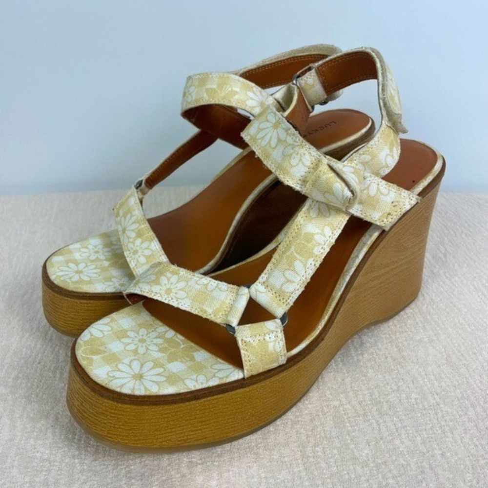 Lucky Brand‎ Buttered Yellow Floral Canvas Demmia Platform Wedge Sandal